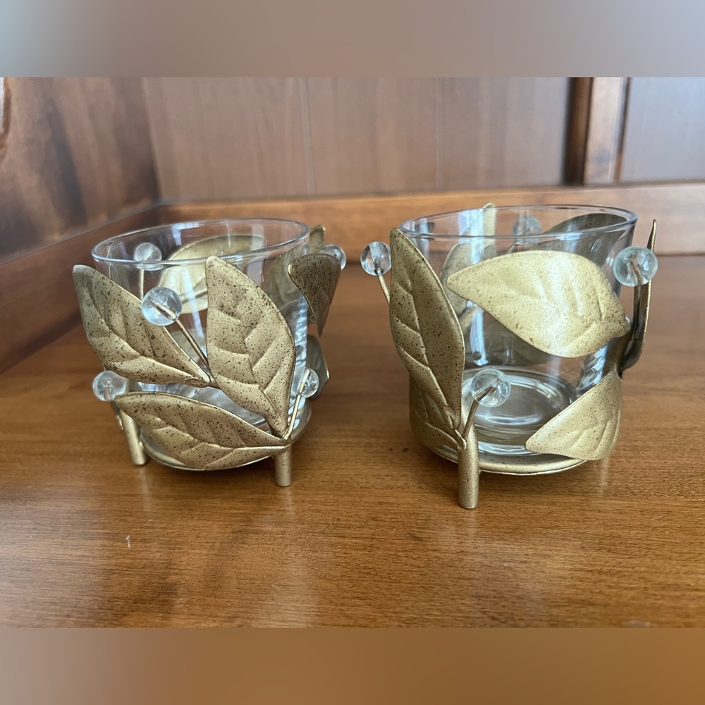 (2) of The White Barn Candle Co. Brass Leaf and Glass candle holders